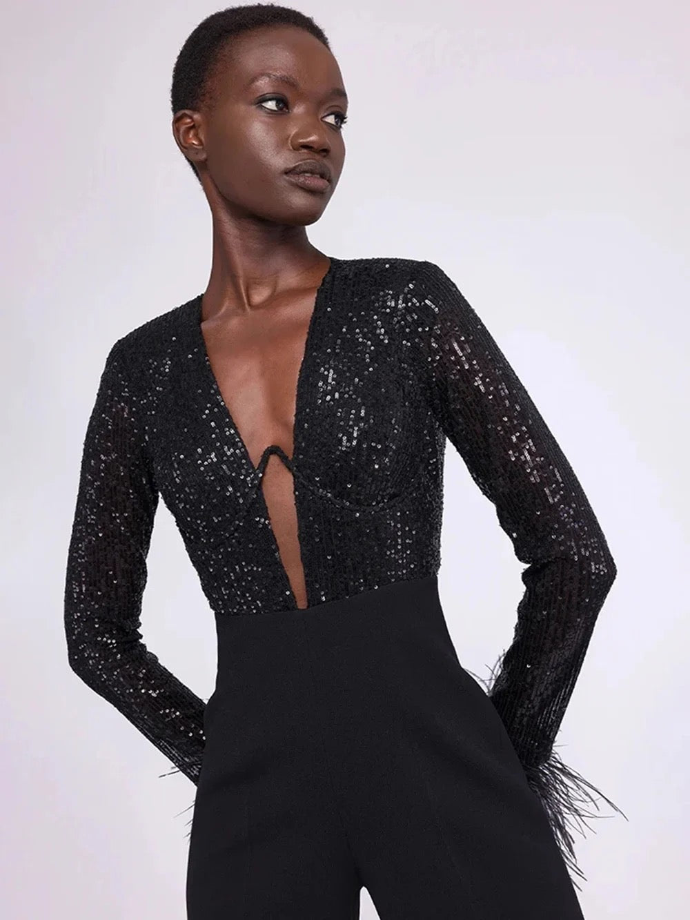 Long sleeved Feather Sexy V-neck Sequin jumpsuit