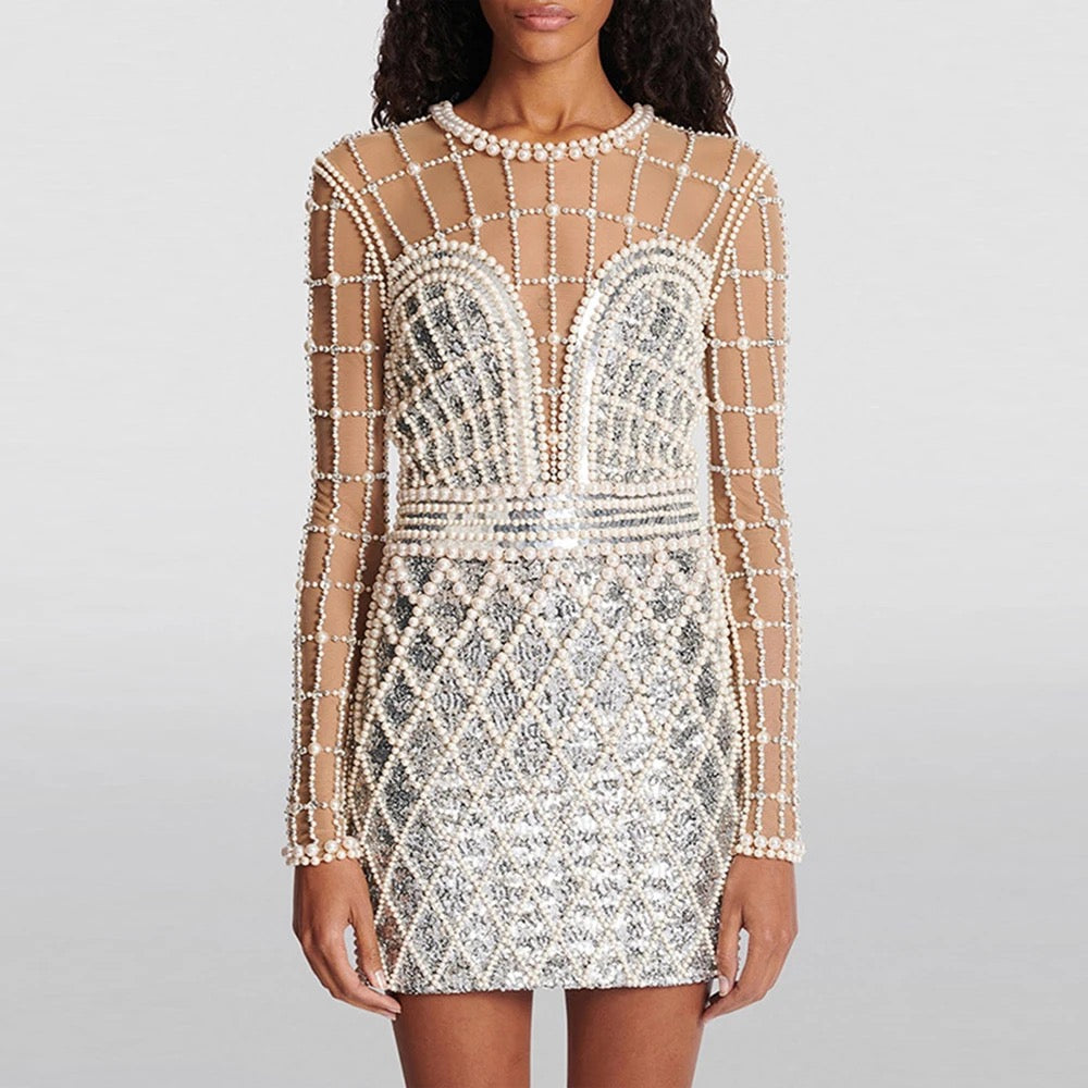 Long sleeved Tight Beaded Sequin Round Neck Mini Dress