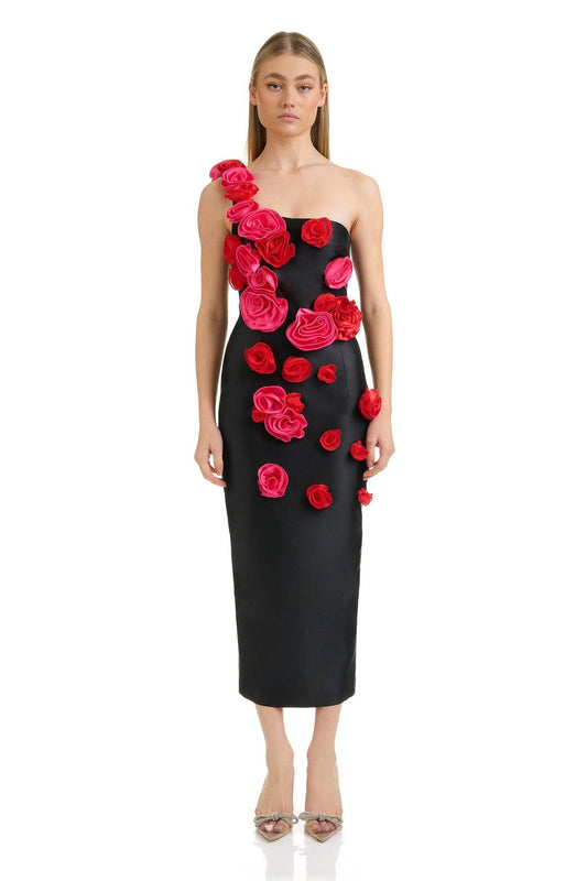 One Shoulder Sleeveless 3D Flower Tight Midi Bandage Dress