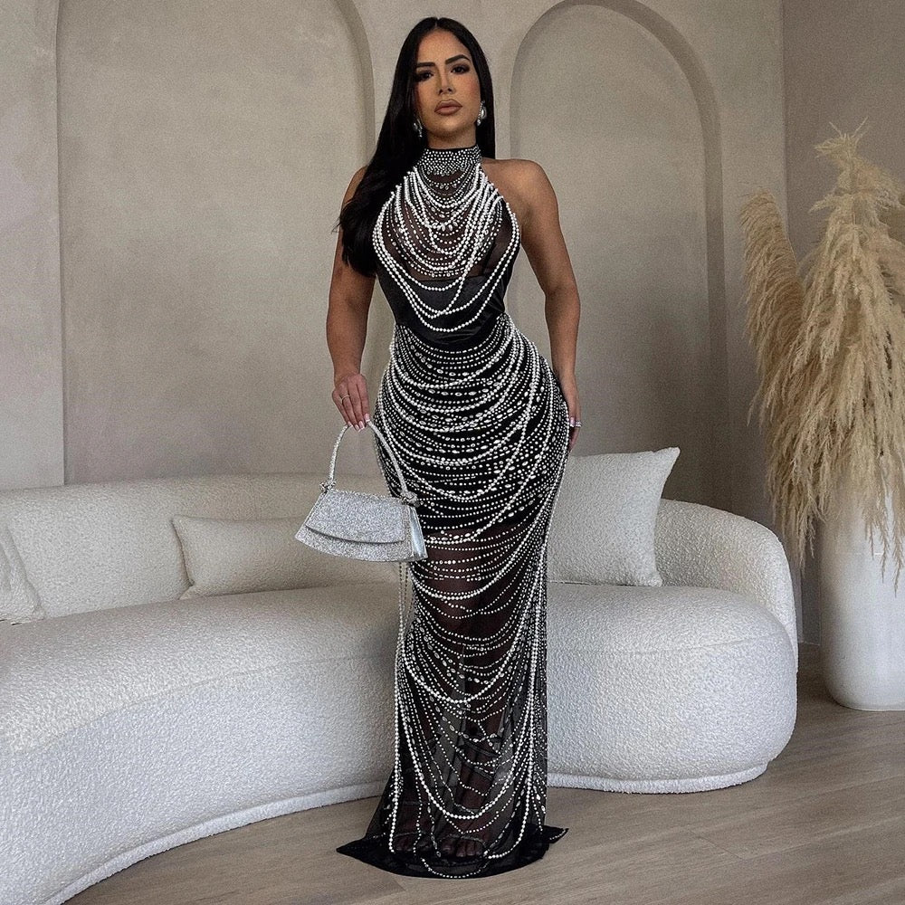 Mesh Diamond Pearl Mesh Long Dress