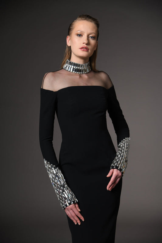 Crystal Beaded Long Sleeve Bandage Dress