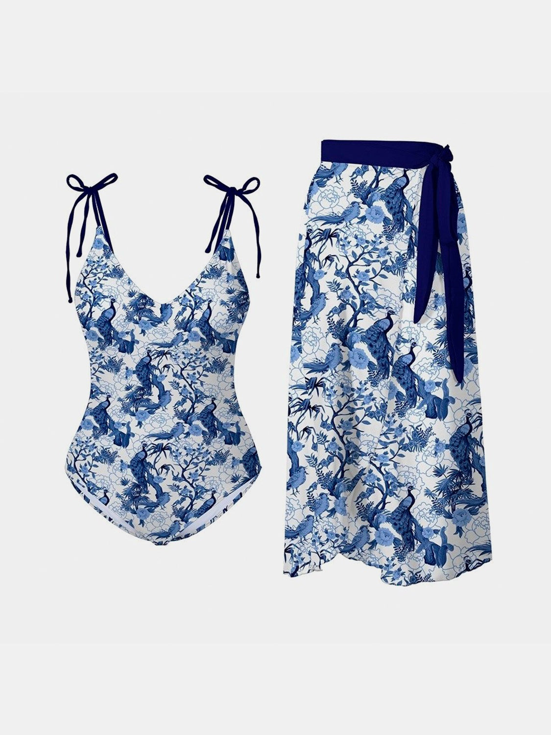 FAM-FAM Printed Tie Shoulder Swimwear and Skirt Swim Set