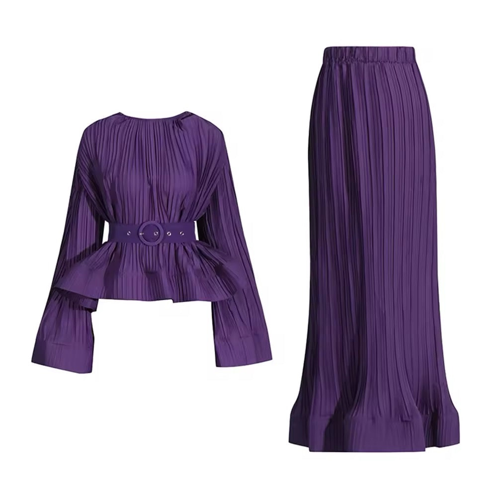 O Neck Long Sleeve Ruffles Tops High Waist Skirt Set