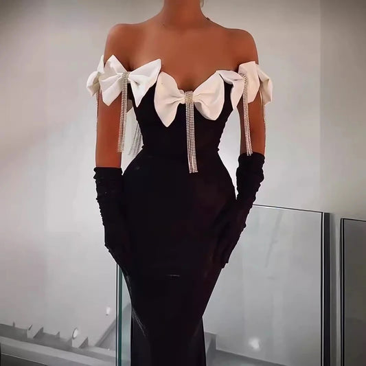 Off Shoulder Black Bow Tassel Diamond Long Bandage Dress