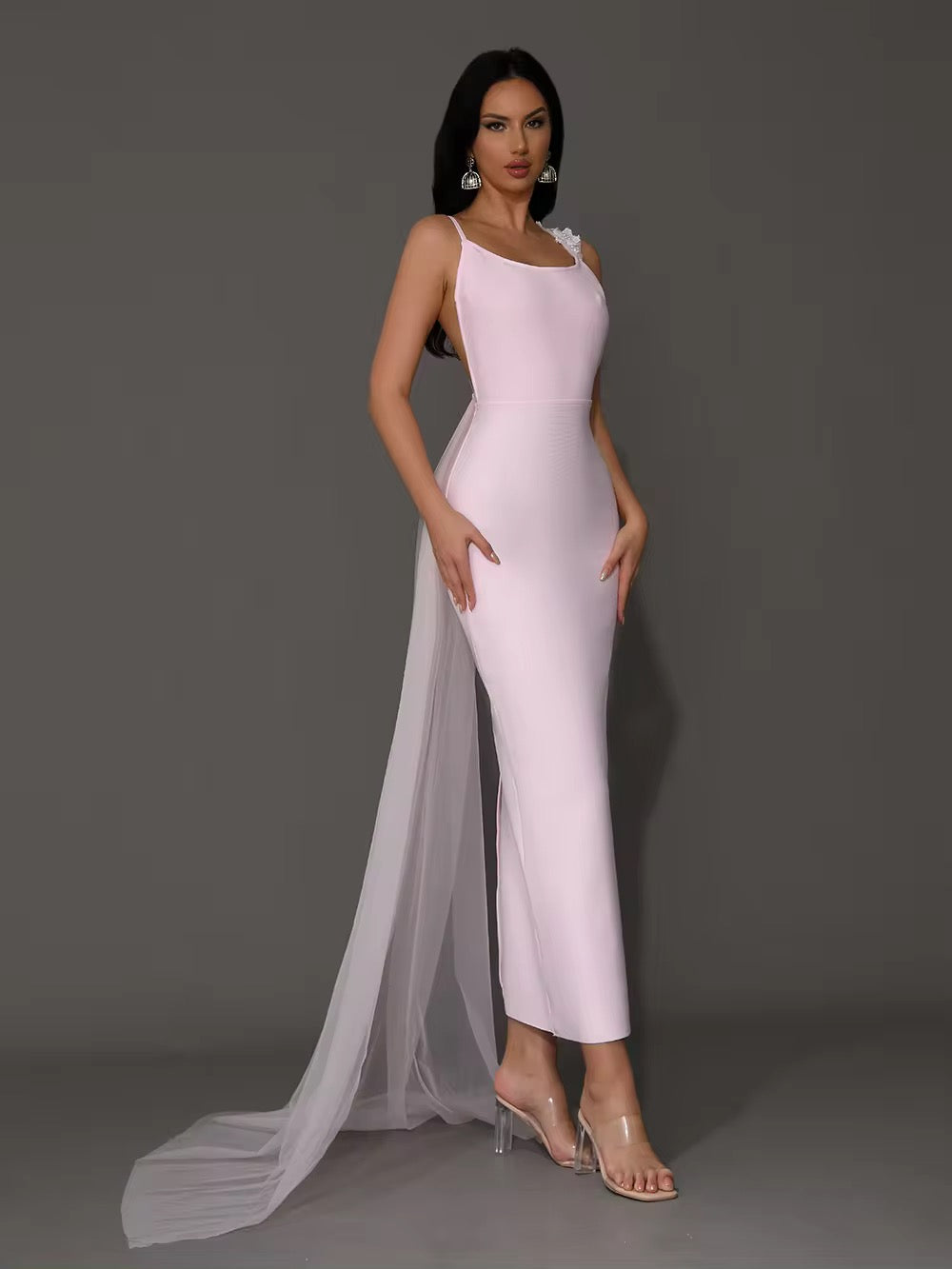 Pink A Line Draped Party Maxi Bandage Dress