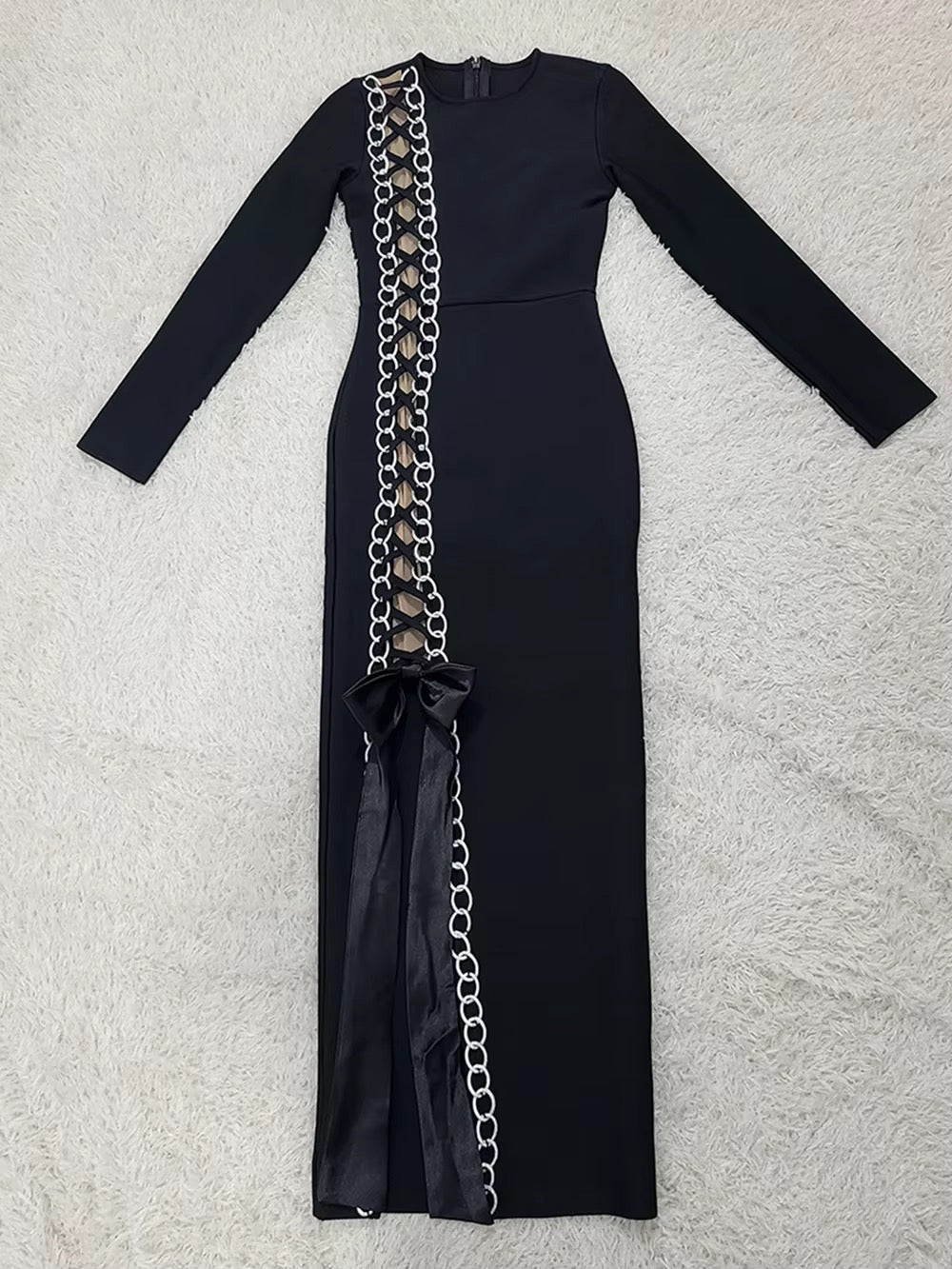 Metal Chain Side Split Lace Up Tight Maxi Dress