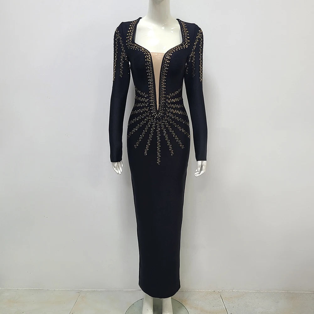 V-neck Mesh Diamond Tight Long Bandage Dress