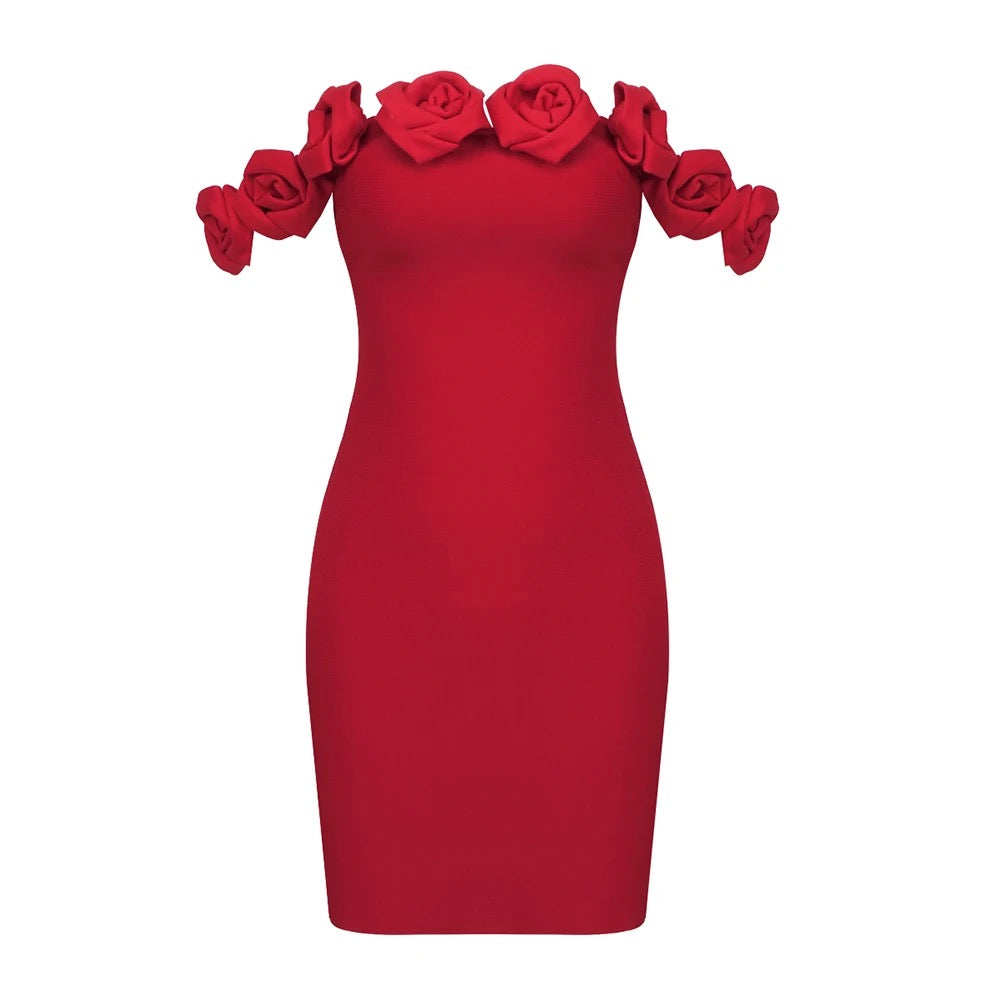 Red 3D Rose Details Shoulder Tight Mini Bandage Dress