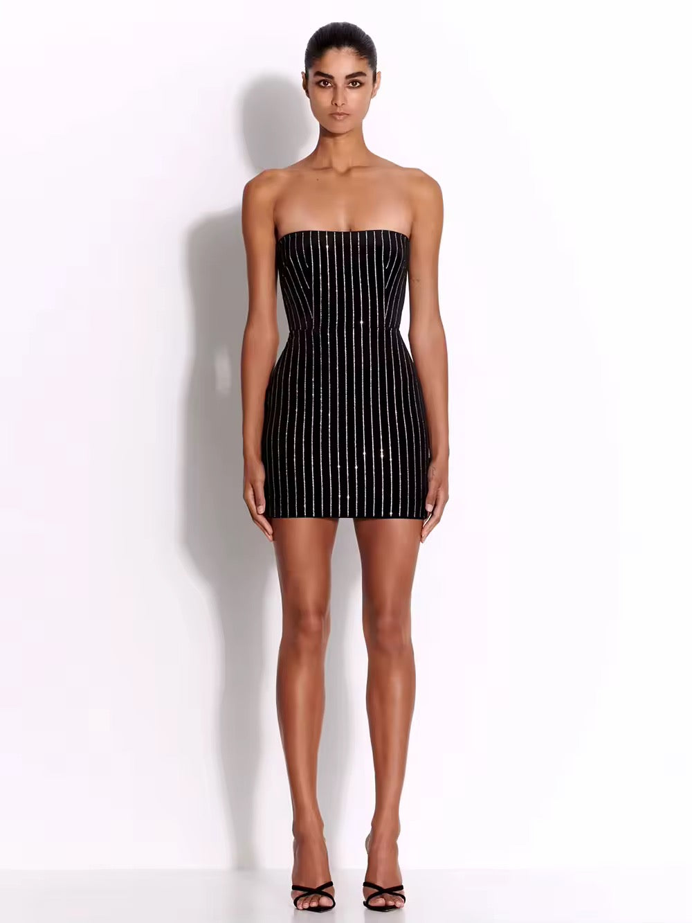 Skinny Striped Diamond Strapless Backless Sexy Dress