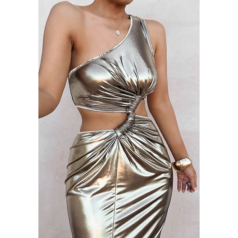 Oblique Shoulder Cropped Outfit Hollow Out Cutout Faux Metallic Coating Dress