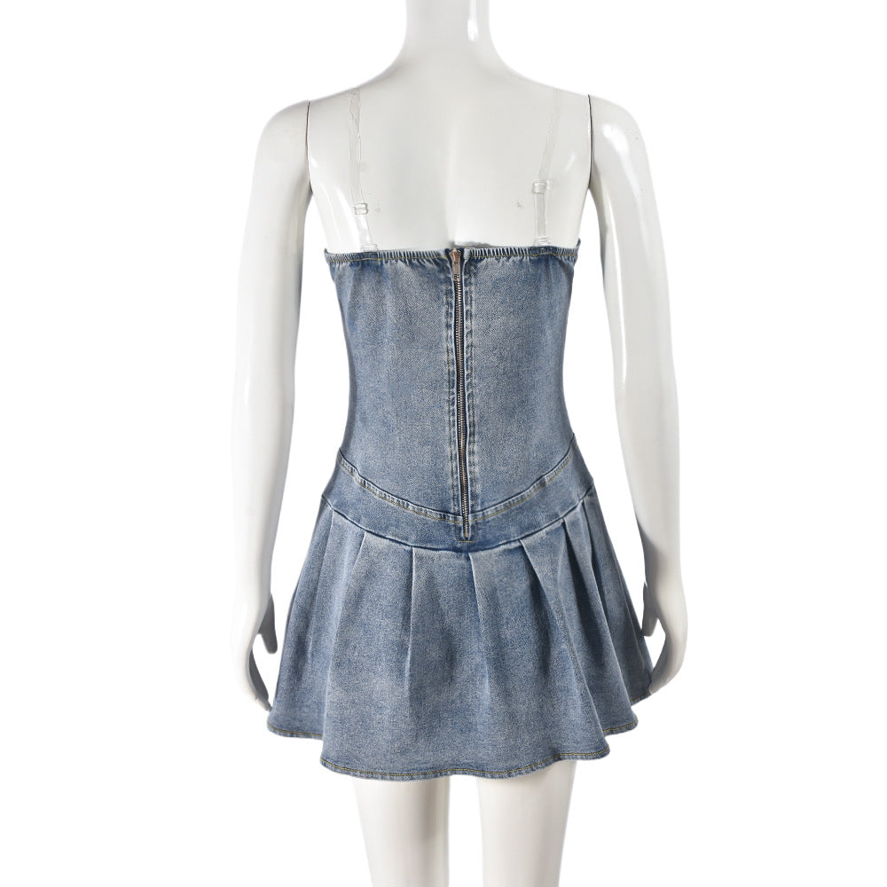 French Pleated V neck Denim Dress