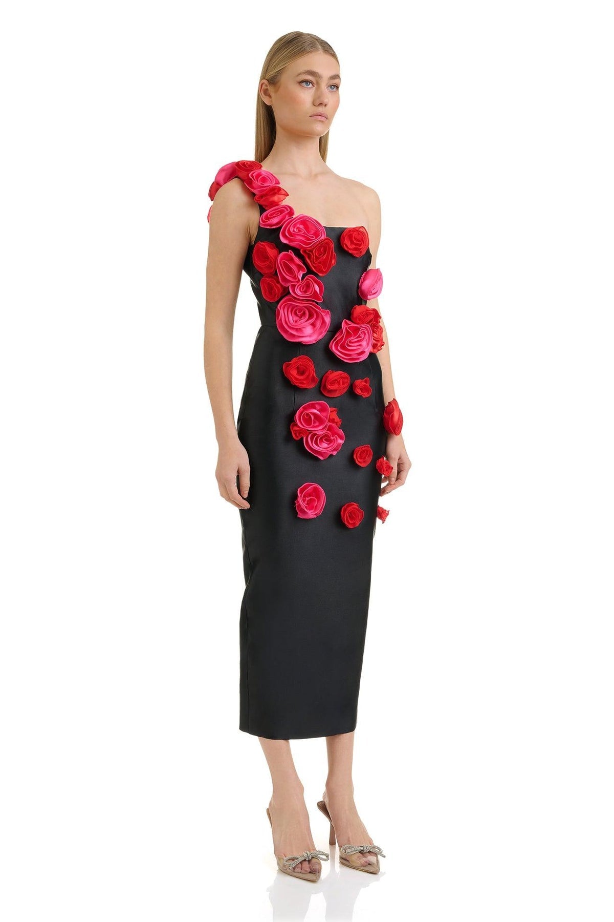 One Shoulder Sleeveless 3D Flower Tight Midi Bandage Dress