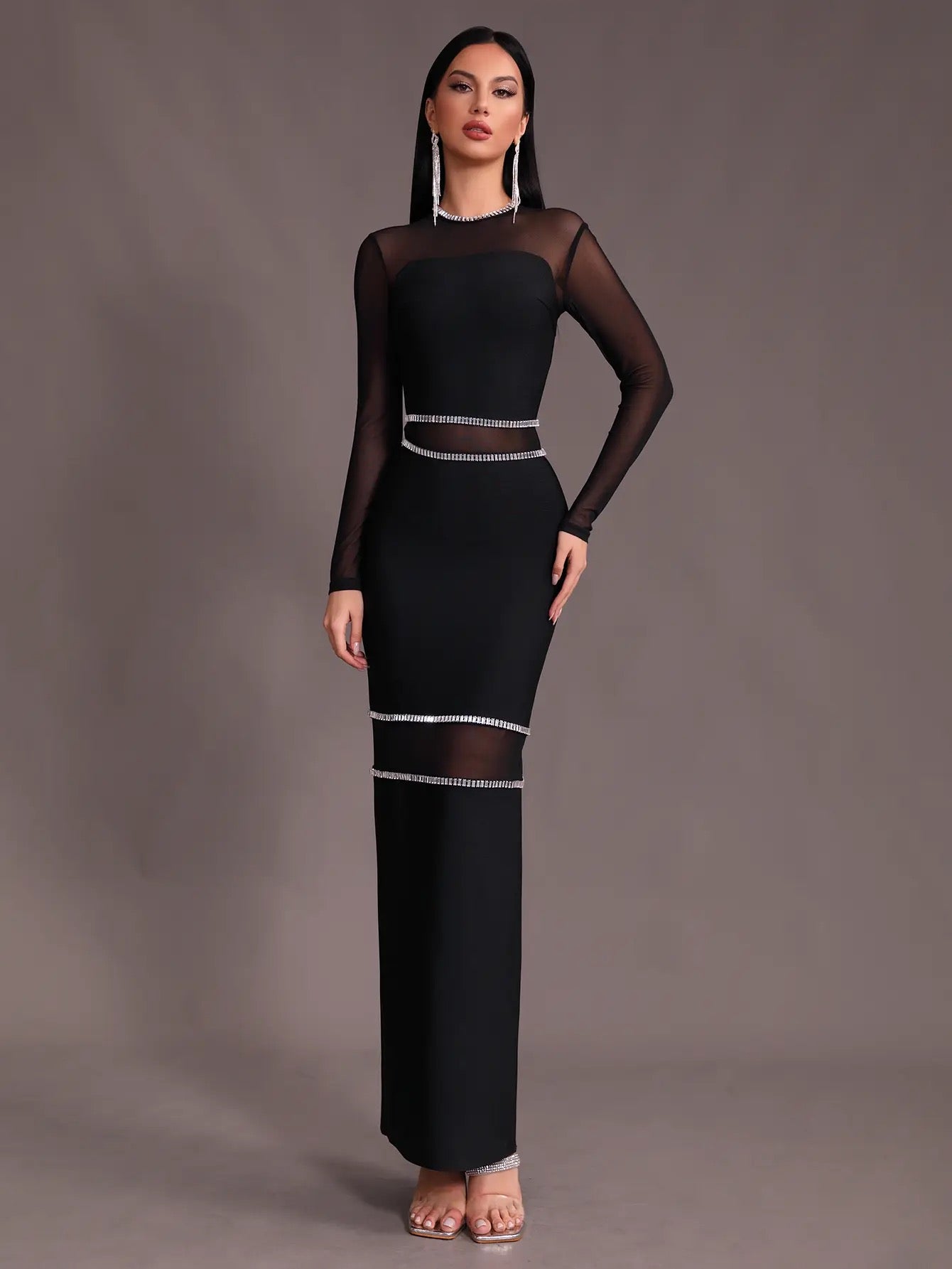 Spliced Mesh Diamond Tight Bandage Long dress