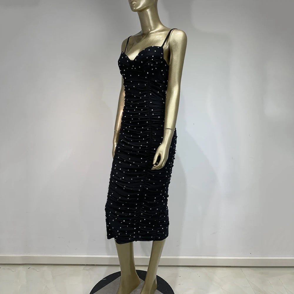 Italian Noodle Strap Black Diamond Draped Tight Midi Bandage Dress