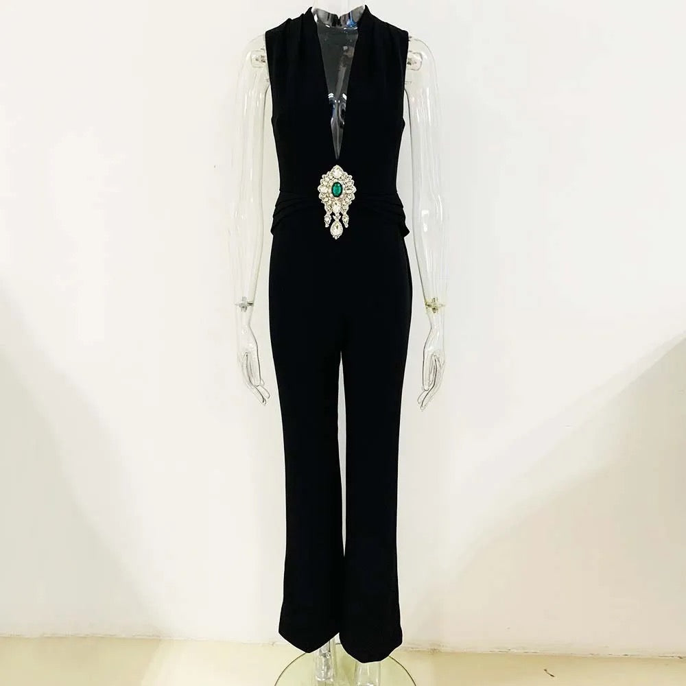 Sexy V-neck Sleeveless Diamond Tight Long jumpsuit