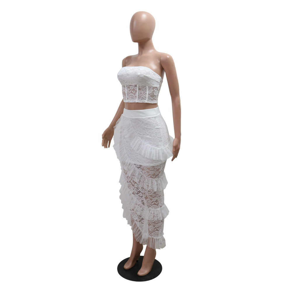 Sleeveless Lace Tube Top with Irregular Asymmetric Skirt set