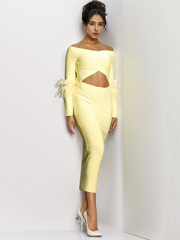 Off Shoulder Feather Bandage Dress