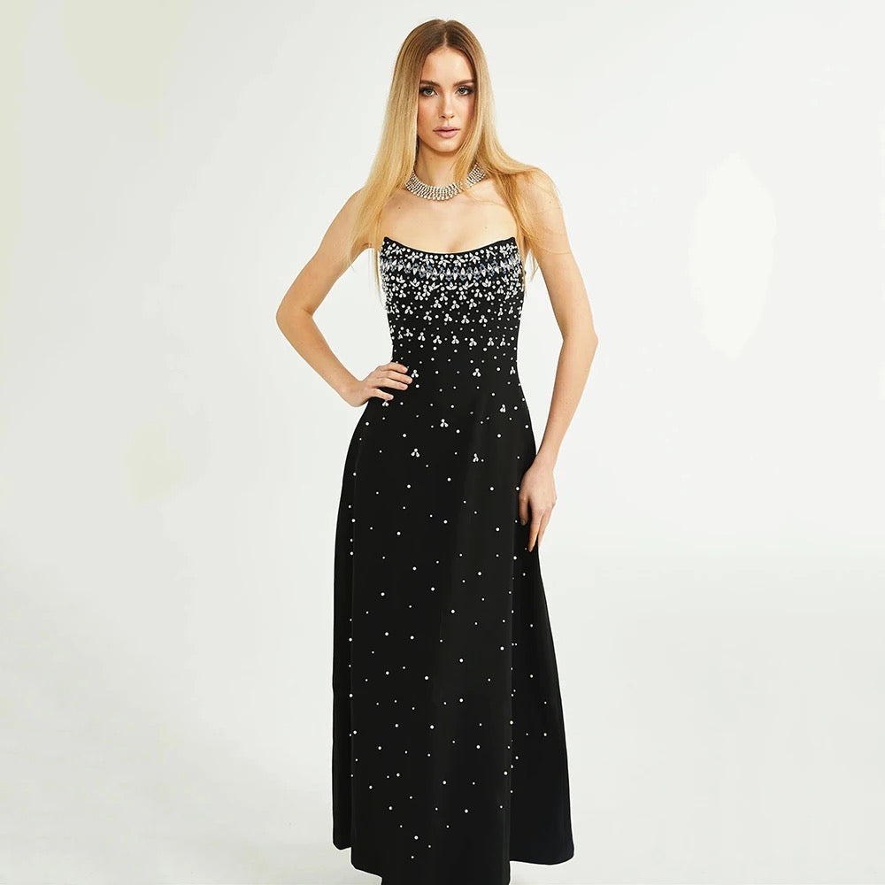 A-line Sexy Strapless Crystal Diamond Pearl Bra Midi Dress