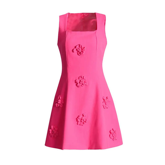 Pink 3D Flower Details A-line Sleeveless Mini Dress