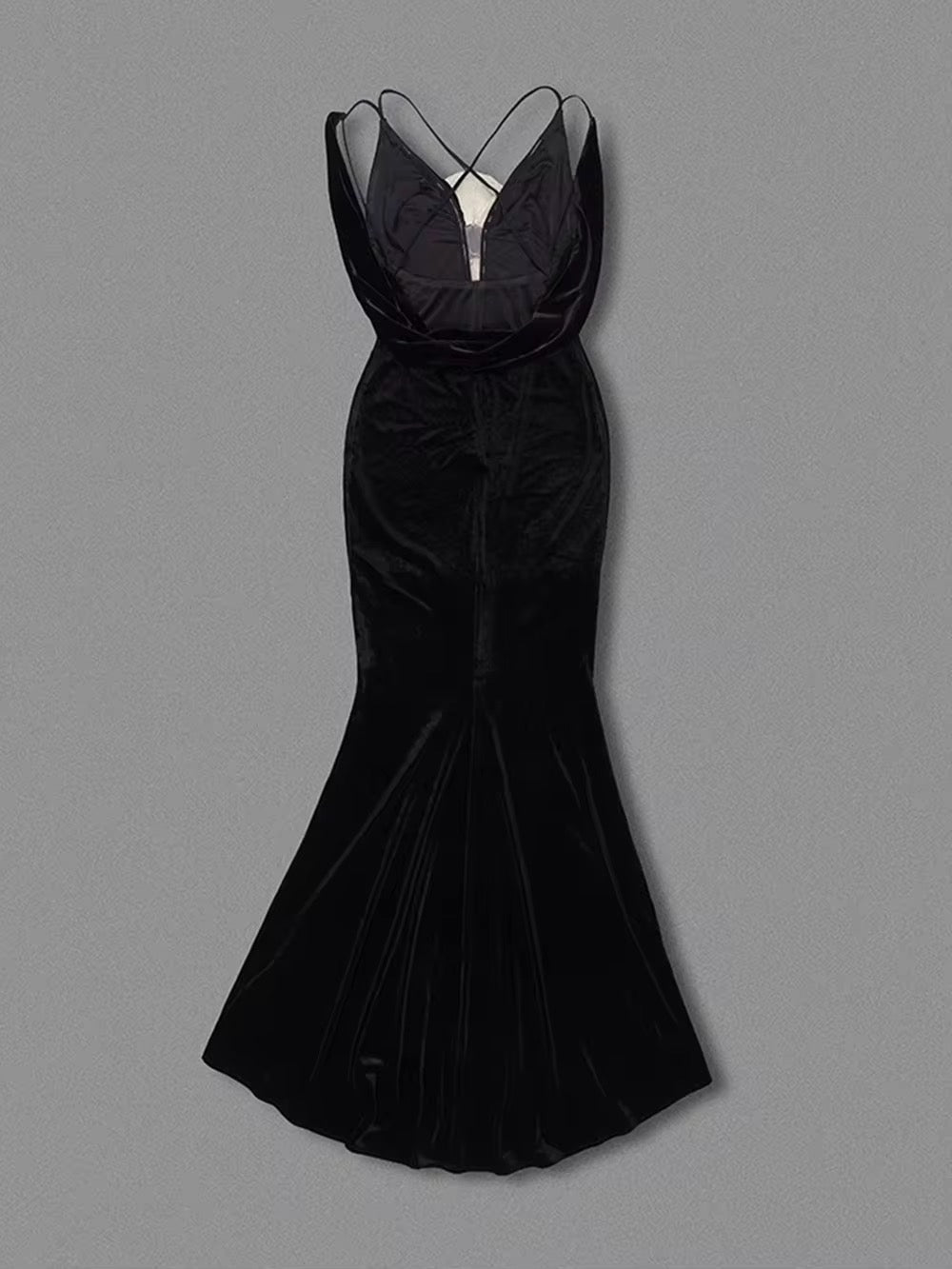 Neck 3D Flowers Backless Design Black Velvet Maxi Long dress