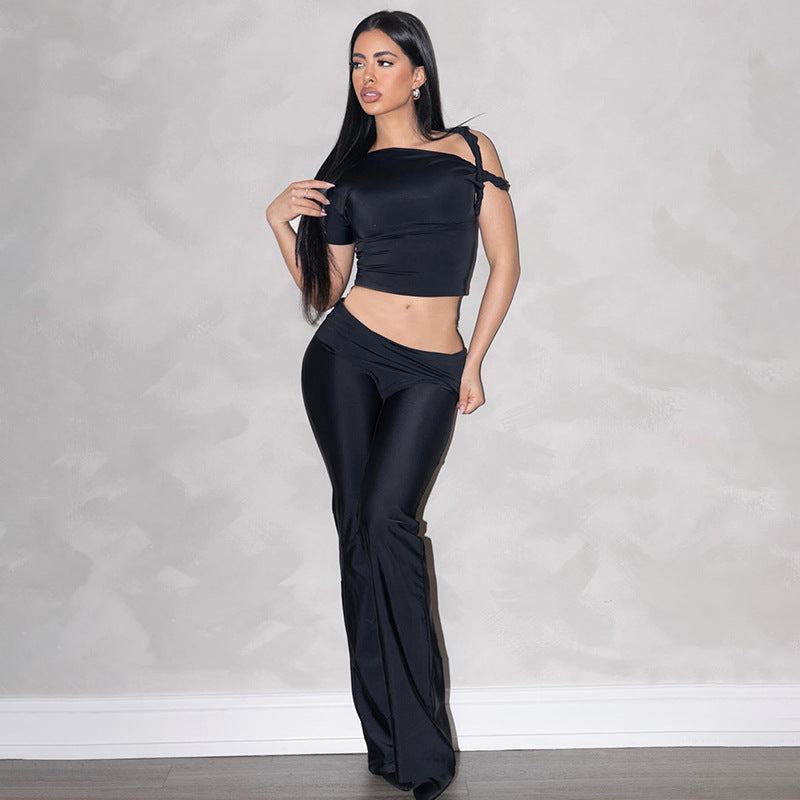 Shoulder Oblique Collar Top Low Waist Trousers Set