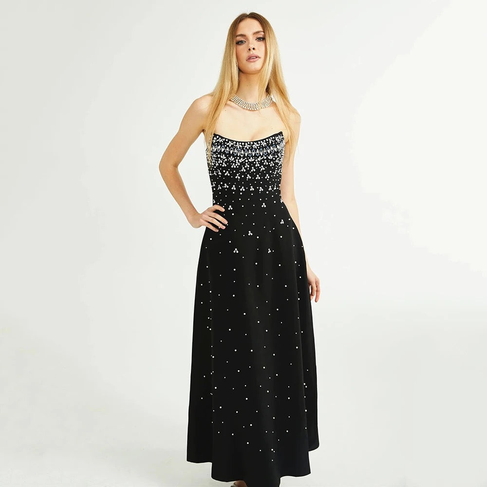 A-line Sexy Strapless Crystal Diamond Pearl Bra Midi Dress