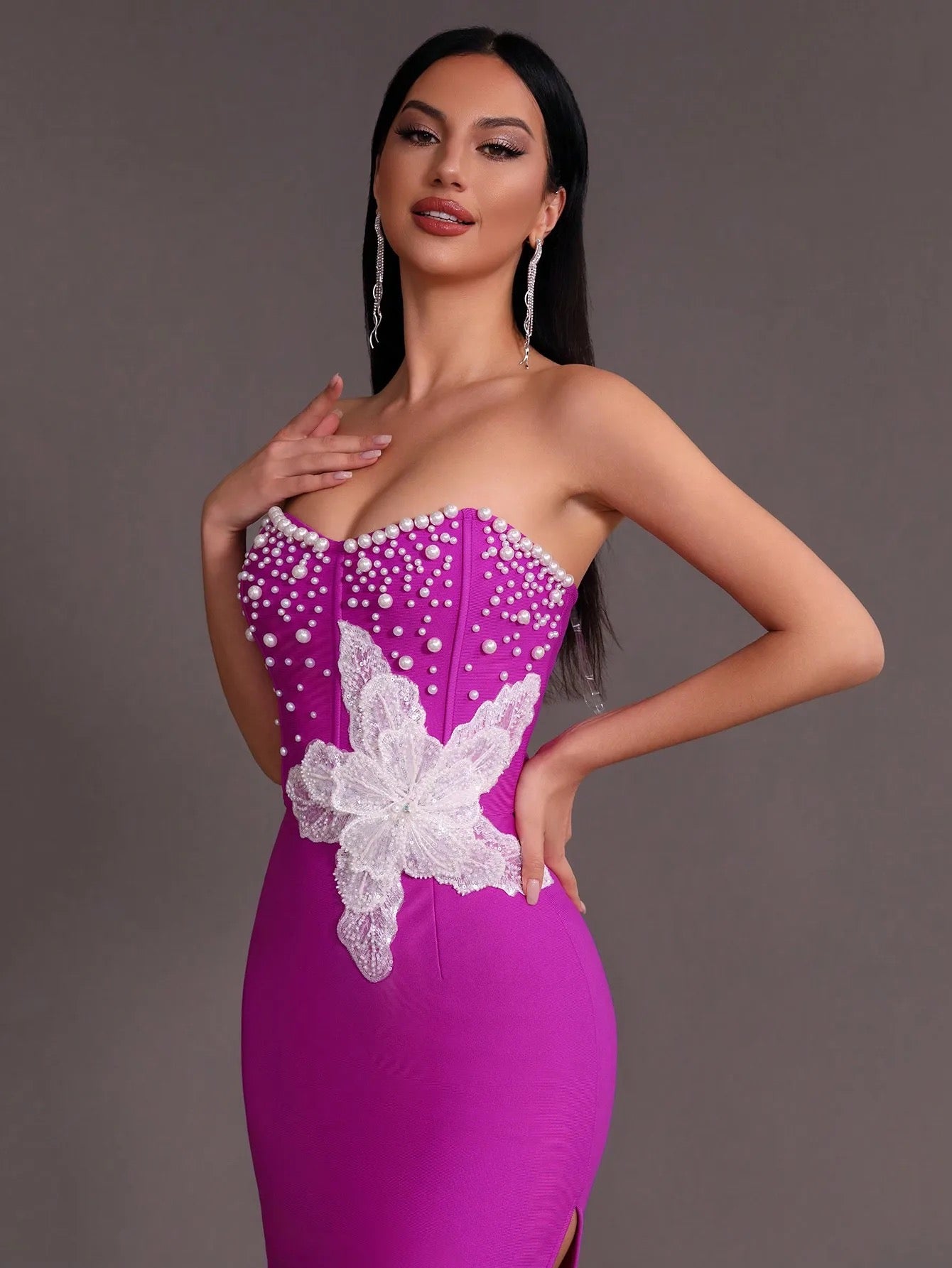 Beaded Sexy Strapless Side Split Long Bandage Dress