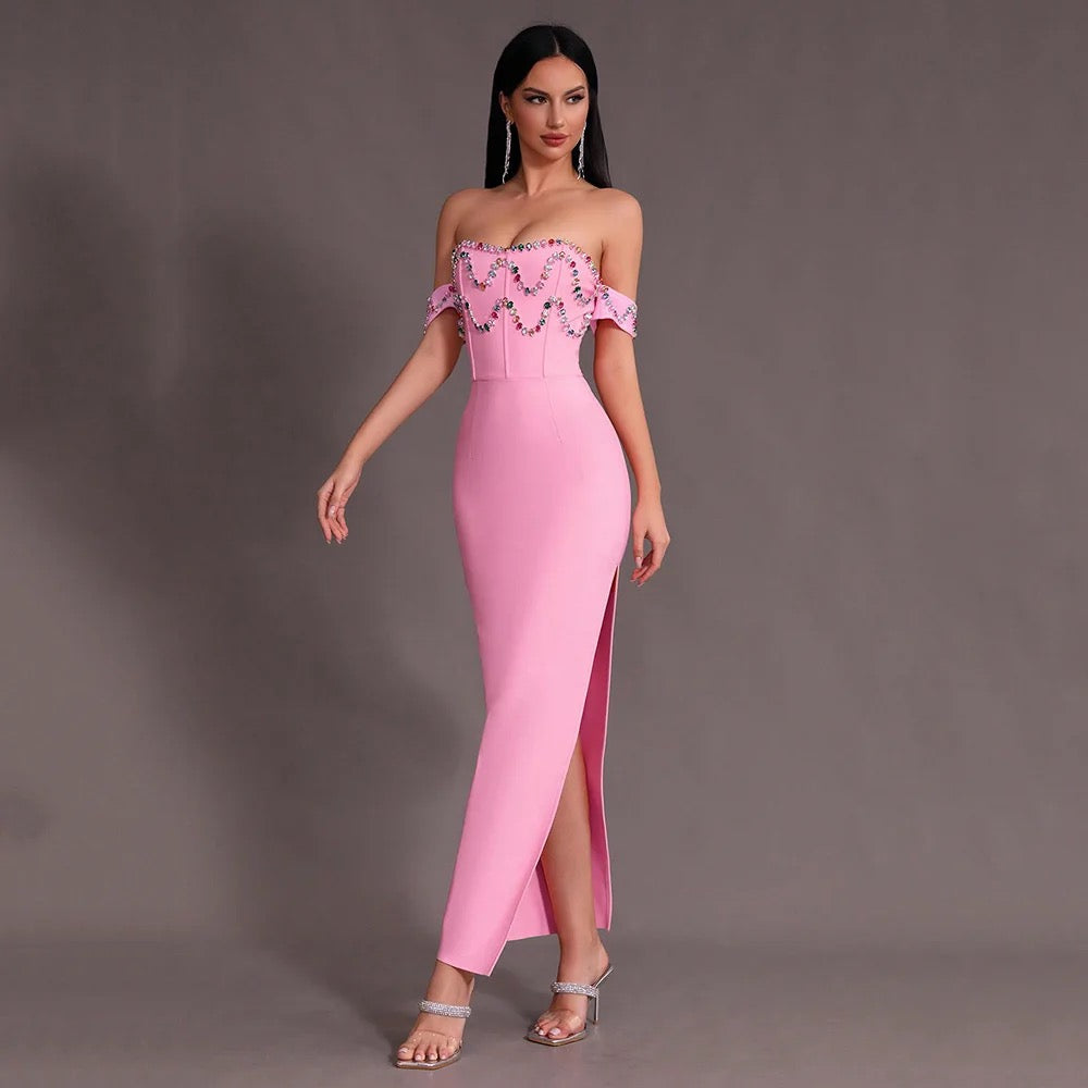 Pink Split Off Shoulder Diamond Long Bandage Ball Dress