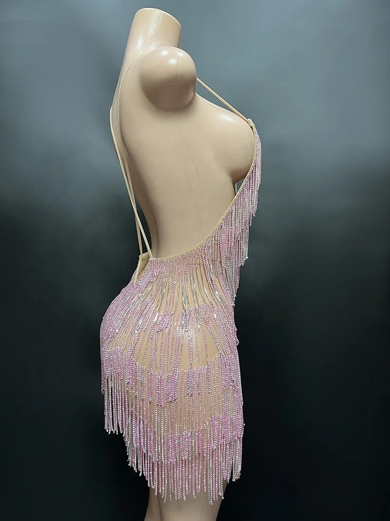 Crystal Chain Fringe Mesh Mini Dress In Pink