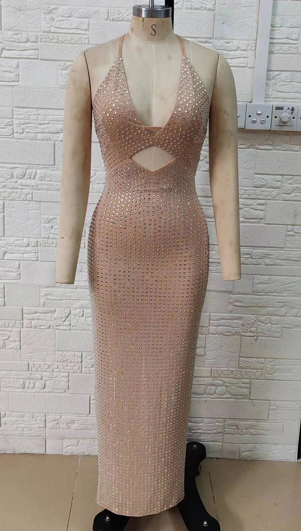 Khaki Sexy V-neck Hot Diamond Hollow Back Tight Maxi Dress