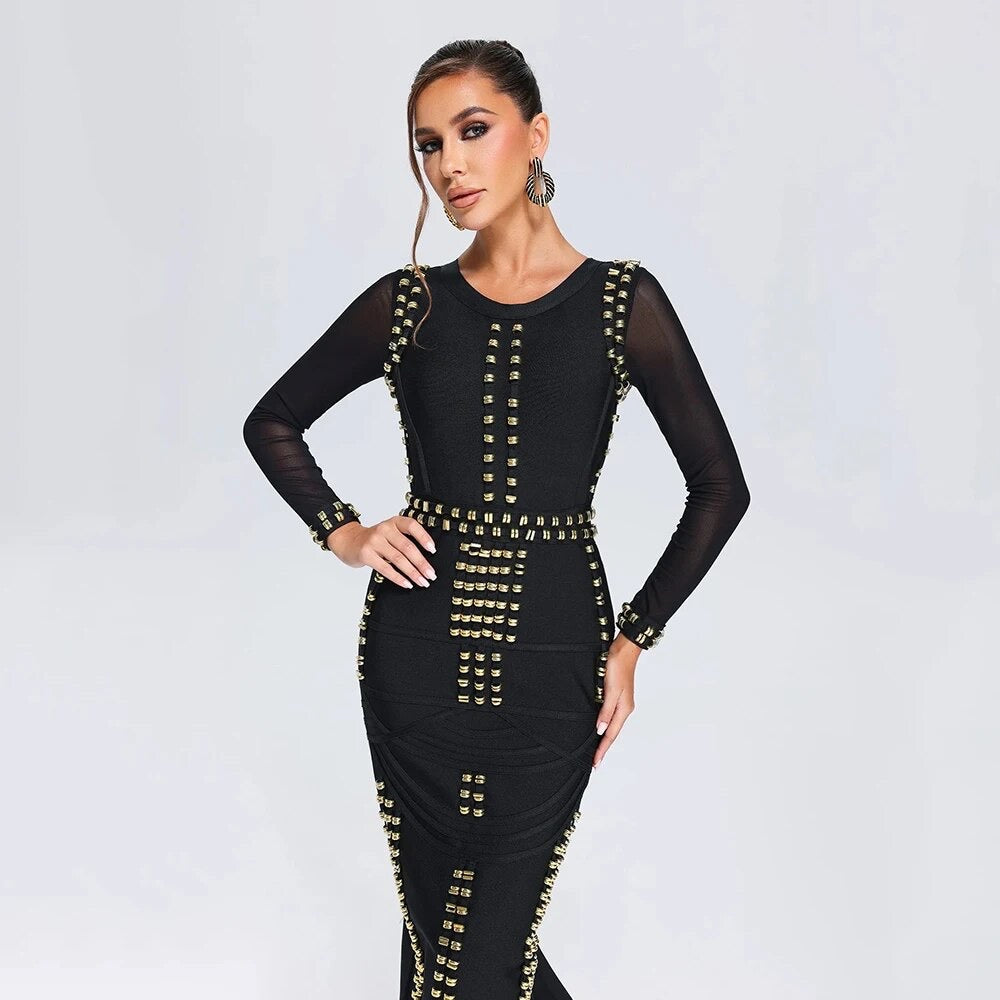 Round Neck Long Sleeve Metal Button Tight Bandage Dress