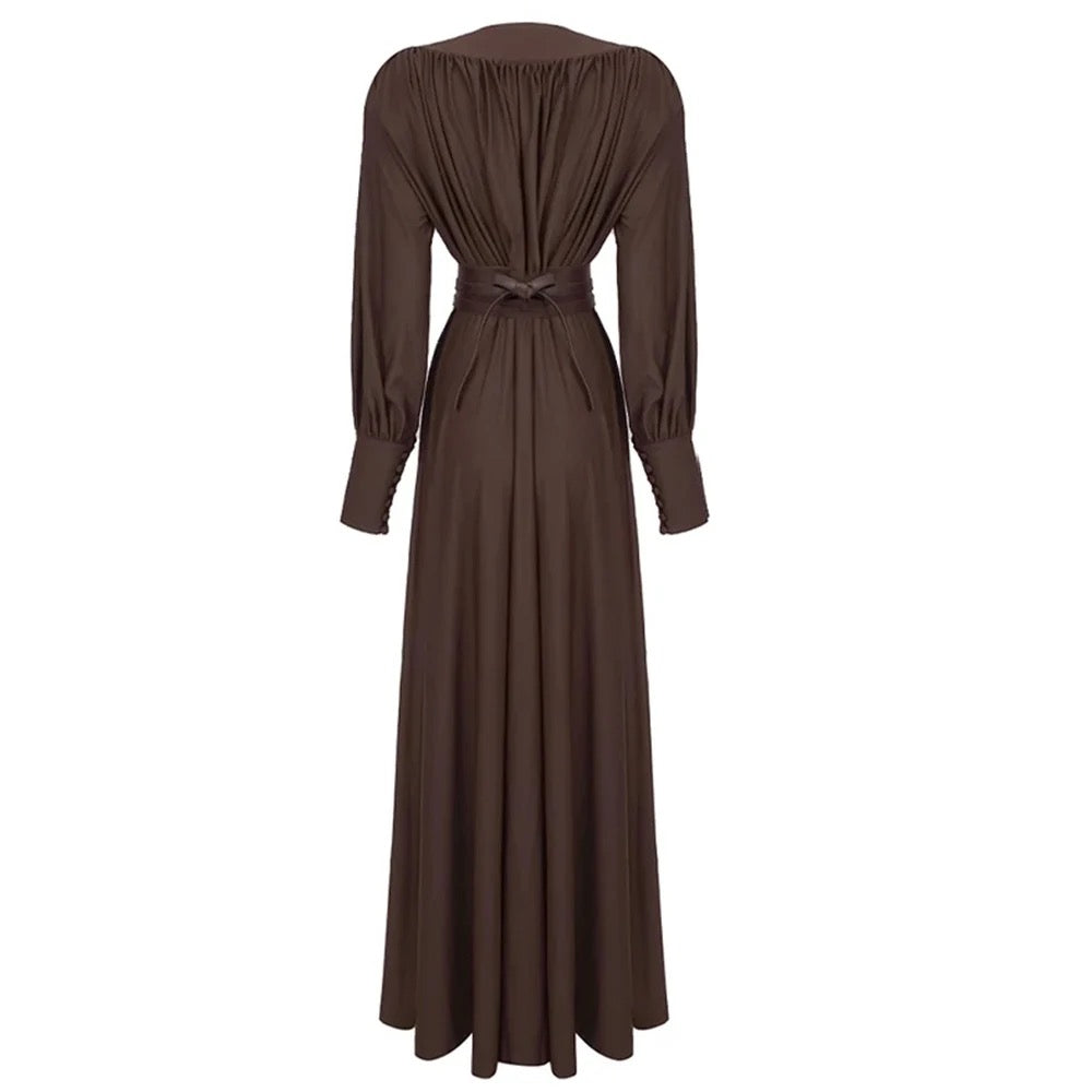 V-neck, High Waist Belt, Long Sleeves Dress