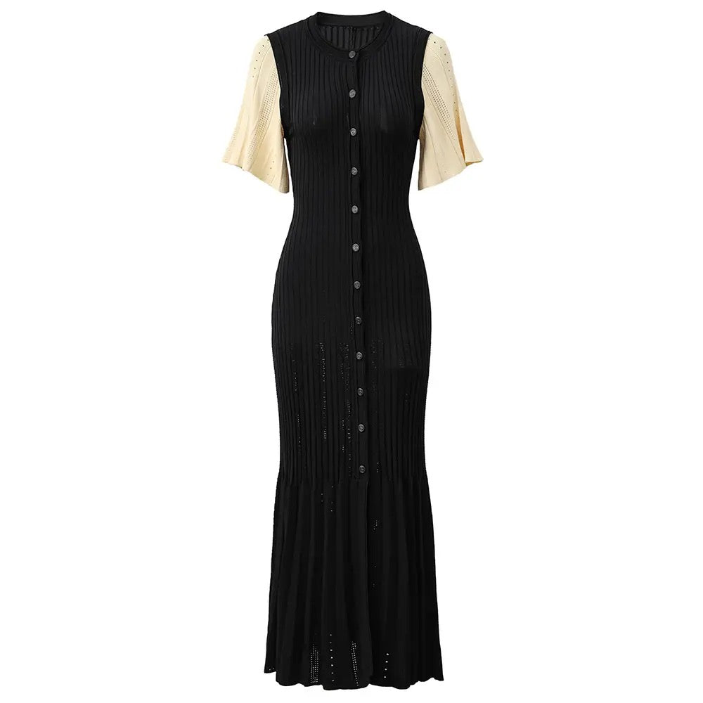 Round Neck Short Sleeve Knitted Sexy Hollow Button Tight Midi Dress