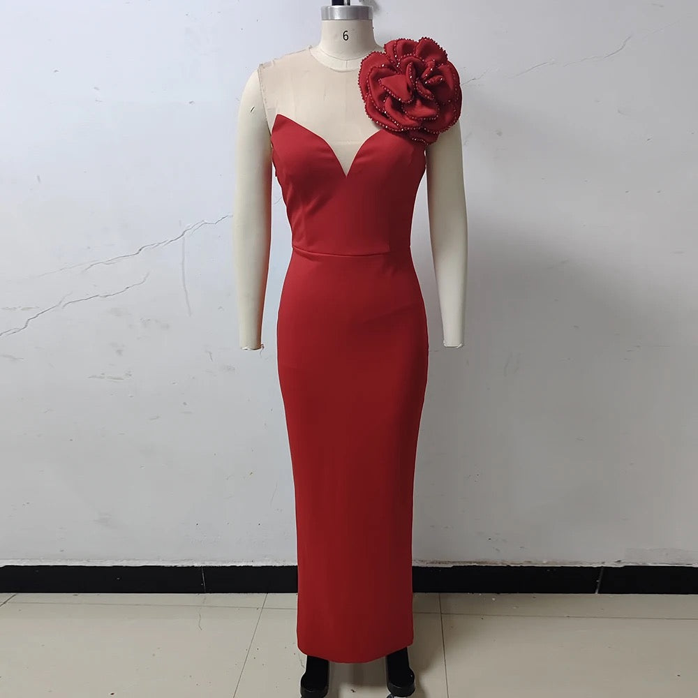 Red Shoulder Beaded Flower Sexy V-neck Tight Maxi Dress