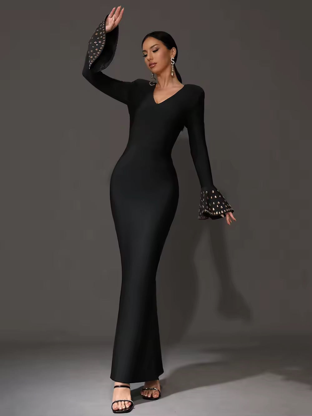 Black Crystal Sexy V-Neck Flared Sleeve Tight Long Bandage Dress