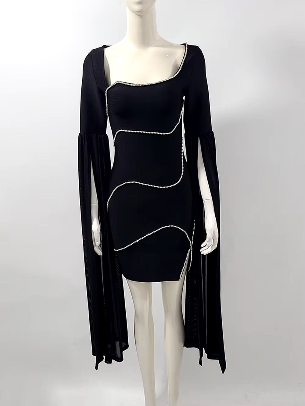 Black Extra Long Cloak Sleeve Diamond dress