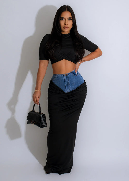 Ruched Denim Skirt Set Black