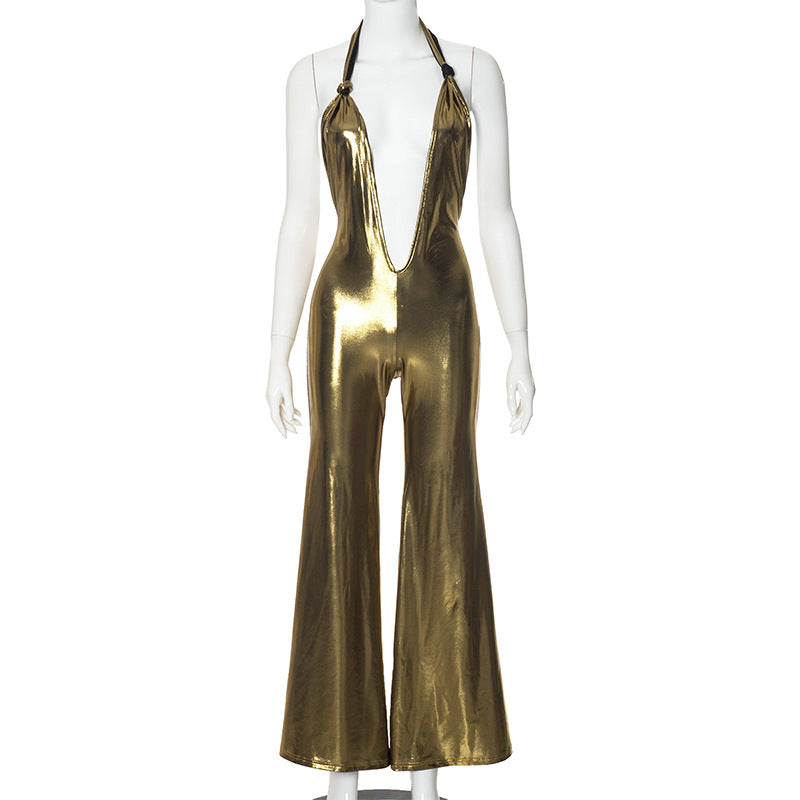 Elegant Backless Halter Golden Jumpsuit