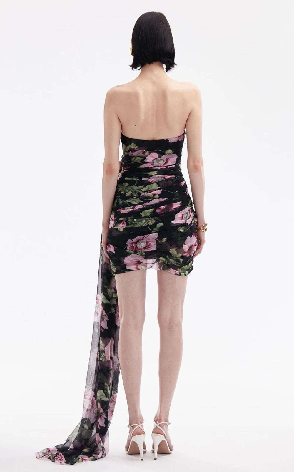 3D Flower Print Strapless Hanging Mesh Sexy Tight Mini Dress