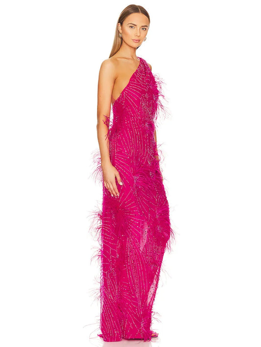 Beaded Sequin Feather Single Shoulder Sleeveless Bodycon dress