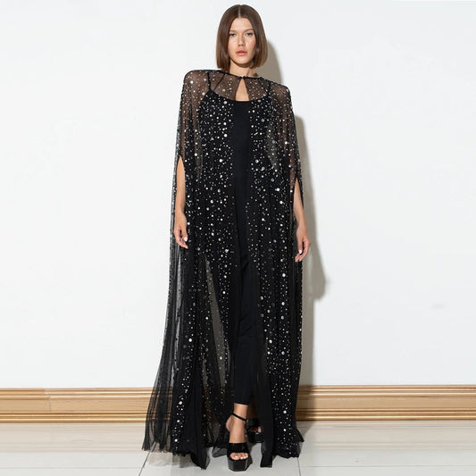 Black Sequin Decorative Mesh Cloak 2-piece Set