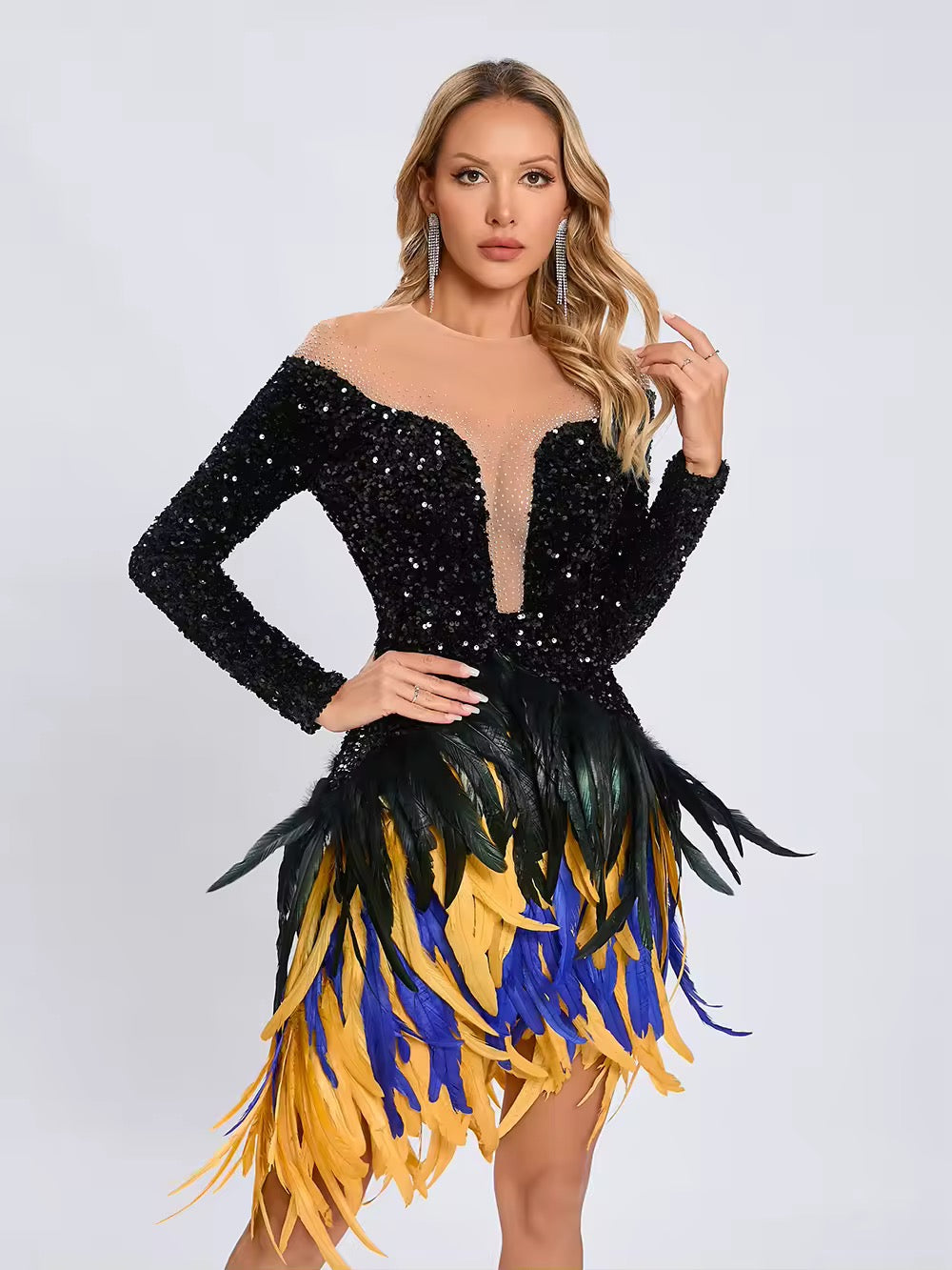 Feathers Sequin Strapless Mesh Long Sleeves Bodycon Mini Dress