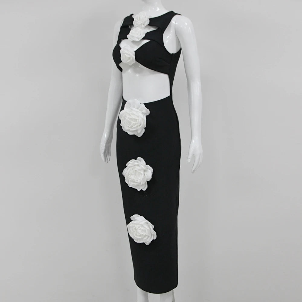 Black Sexy White 3D Flower Hollow Tight Long Bandage Dress