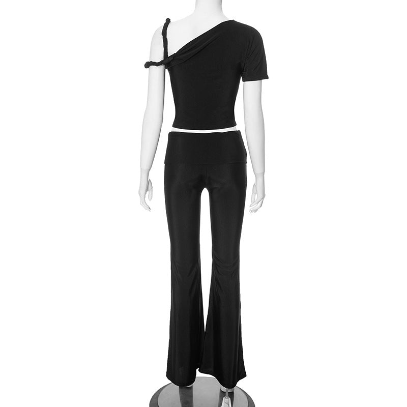 Shoulder Oblique Collar Top Low Waist Trousers Set