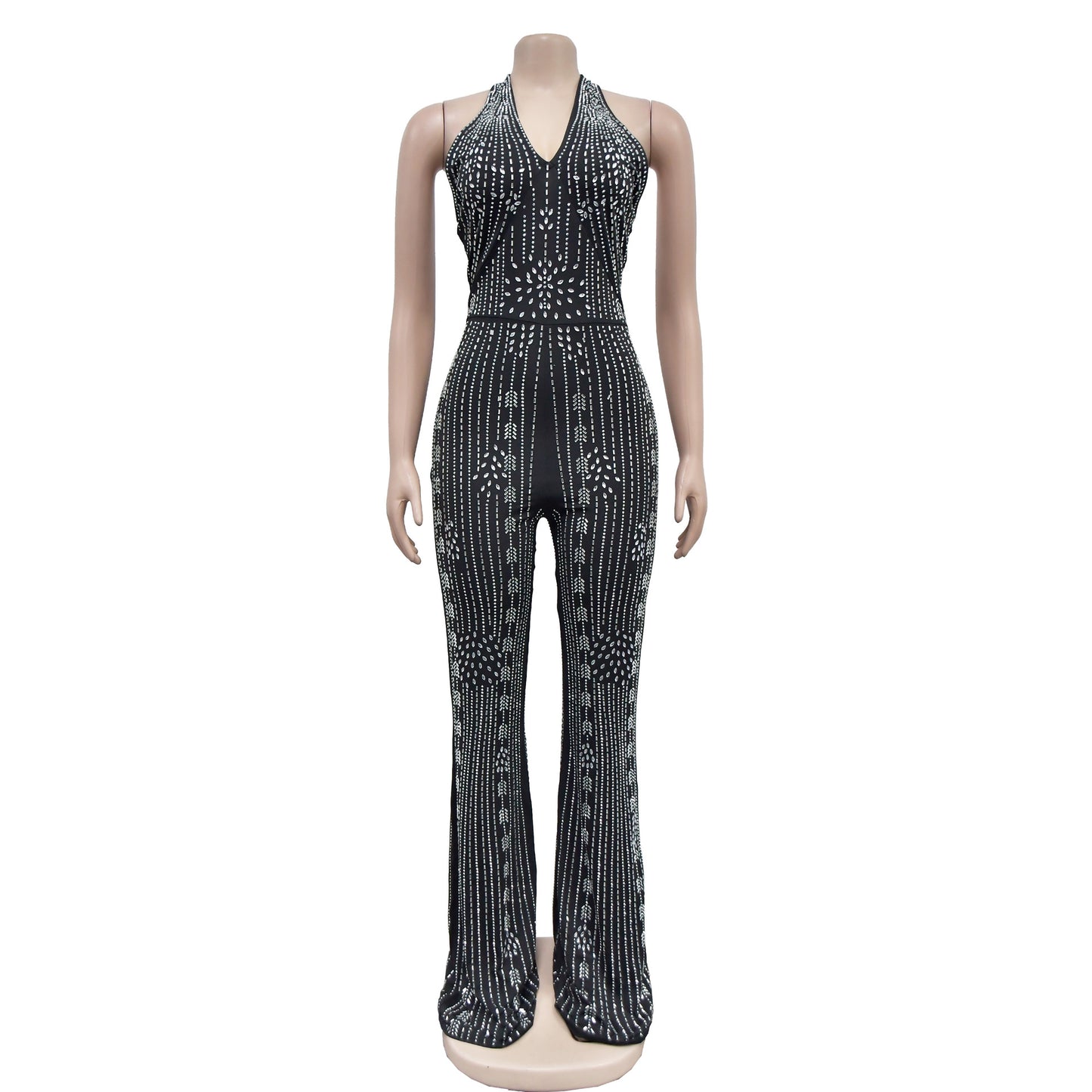 Rhinestone Sleeveless Halter Trousers Jumpsuit