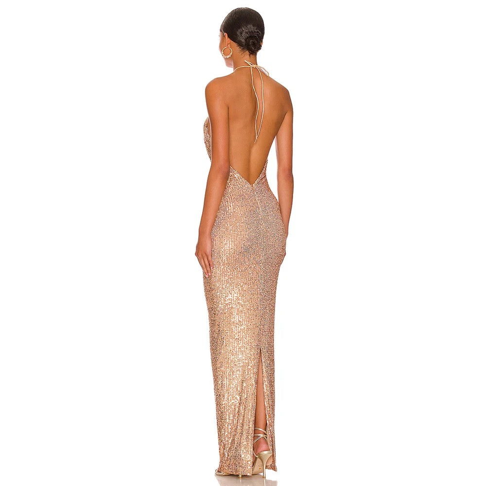 Backless Sleeveless Gold Tight Long Dress