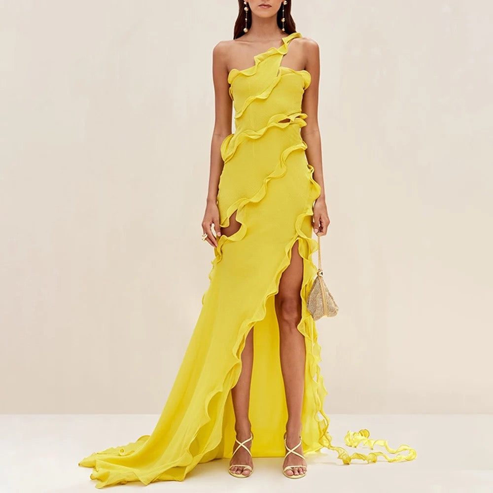 Yellow Sexy Asymmetric Maxi Dress with Ruffle Edge