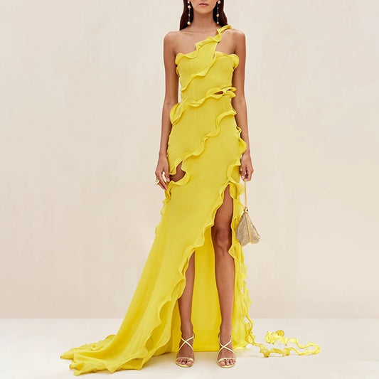 Yellow Sexy Asymmetric Maxi Dress with Ruffle Edge