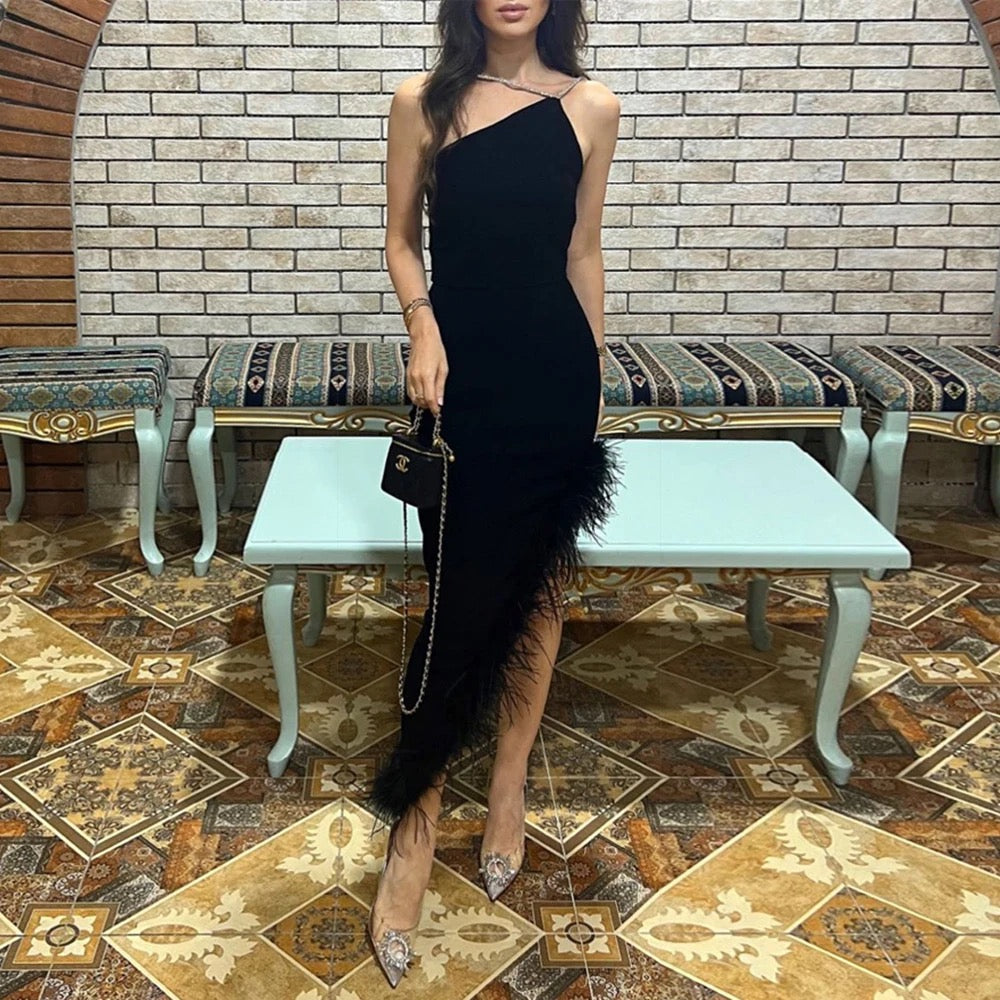 One Shoulder Sexy Sleeveless Crystal Feather Maxi Bandage Dress