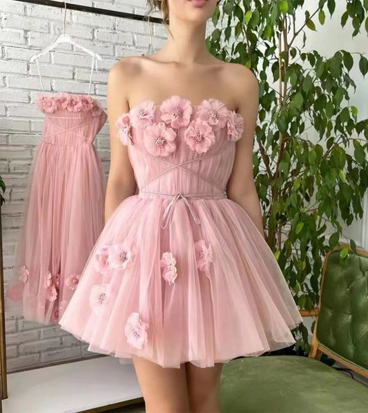 Strapless Pink Lace 3D Flower Mini Dress